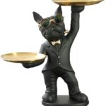 Adorable French Bulldog Statue with 2 Trays and Cute Glasses Black Resin Dog Sculpture Ornament Animal Figurines Home Decor Anniversary Thanksgiving Christmas Birthday Gifts