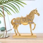 Modern Farmhouse Resin Standing Horse Statue with Gold Finish and Embedded Crystals Smooth Surface Decorative Sculpture for Desktop Office Living and Bookshelf Display Elegant Home - Image 4