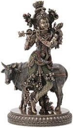 Veronese Design 10.5 Inch Hindu God Krishna and The Holy Cow Antique Bronze Finish Sculpture Figurine - Image 2