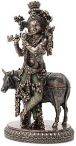 Veronese Design 10.5 Inch Hindu God Krishna and The Holy Cow Antique Bronze Finish Sculpture Figurine - Image 3