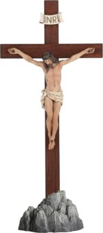 Crucifix Standing - Hand Painted Wooden Cross Table Decor, Standing Jesus Cross Catholic Home Decor Religious Gifts 15 Inch