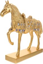 Modern Farmhouse Resin Standing Horse Statue with Gold Finish and Embedded Crystals Smooth Surface Decorative Sculpture for Desktop Office Living and Bookshelf Display Elegant Home