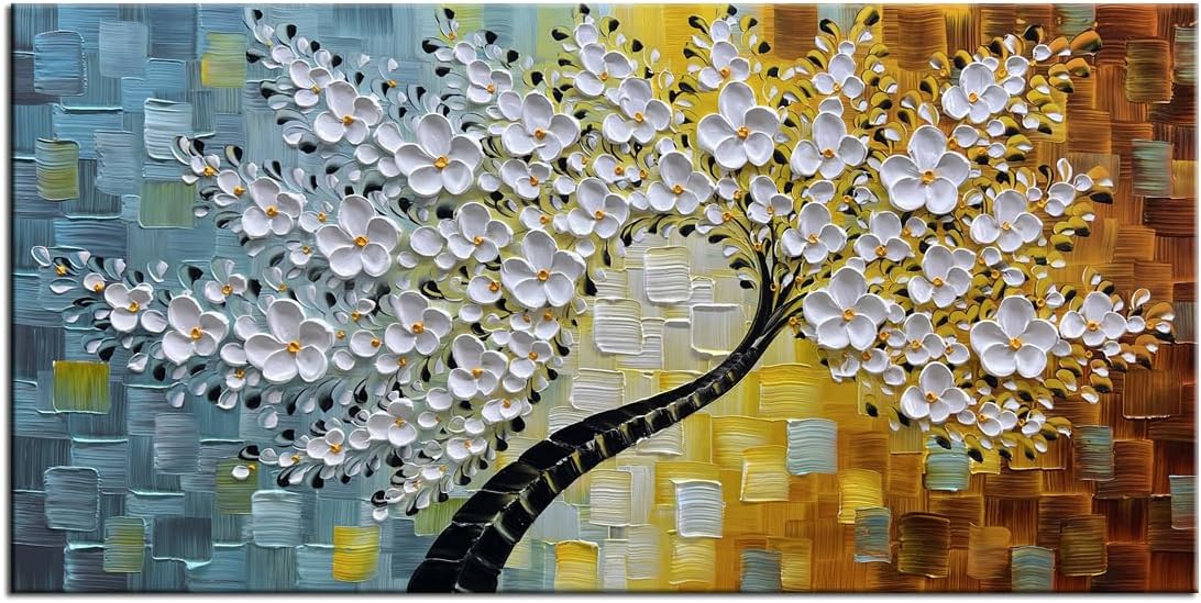 71uSeoPDxNL._AC_SL1200_.jpg YaSheng Art-Handmade White Flower Contemporary Art Oil Painting On Canvas 3D Texture Abstract Tree Paintings Modern Home Bedroom, Dining Room, Wall Art Decor Ready to Hang20x40inch - Image 1