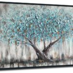 Arjun Framed Blue Tree Canvas Wall Art for Living Room Tree of Life Abstract Bedroom Textured Painting, Nature Picture Landscape Artwork Home Office Decor, Black Wood Large 40"x20"