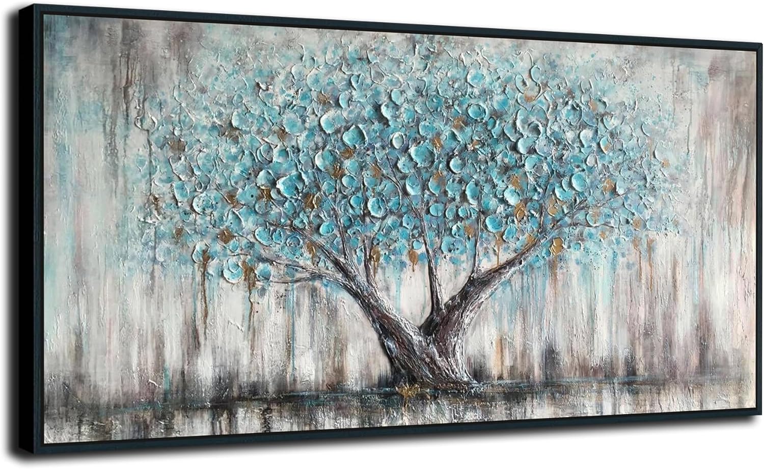 81VkKJG3hvL._AC_SL1500_.jpg Arjun Framed Blue Tree Canvas Wall Art for Living Room Tree of Life Abstract Bedroom Textured Painting, Nature Picture Landscape Artwork Home Office Decor, Black Wood Large 40"x20" - Image 1